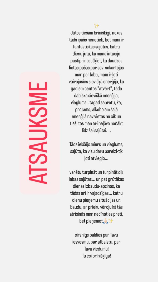 Atsauksme: bez alkohola atgriezusies sievišķā enerģija, iekšējs miers un vieglums