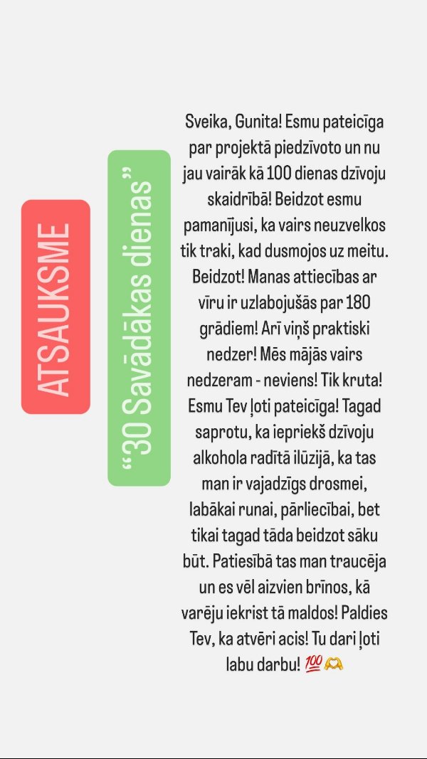 Atsauksme par 30 savādākas dienas: 100+ dienas skaidrībā, ģimenē vairs nedzer neviens