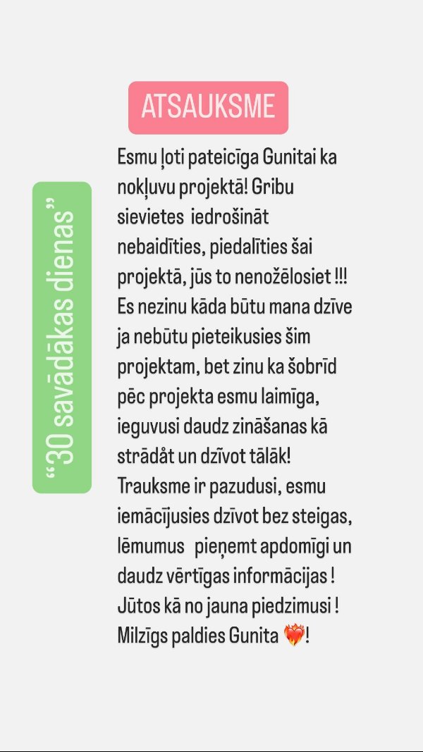 Atsauksme par 30 savādākas dienas: trauksme pazudusi, "jūtos kā no jauna piedzimusi"