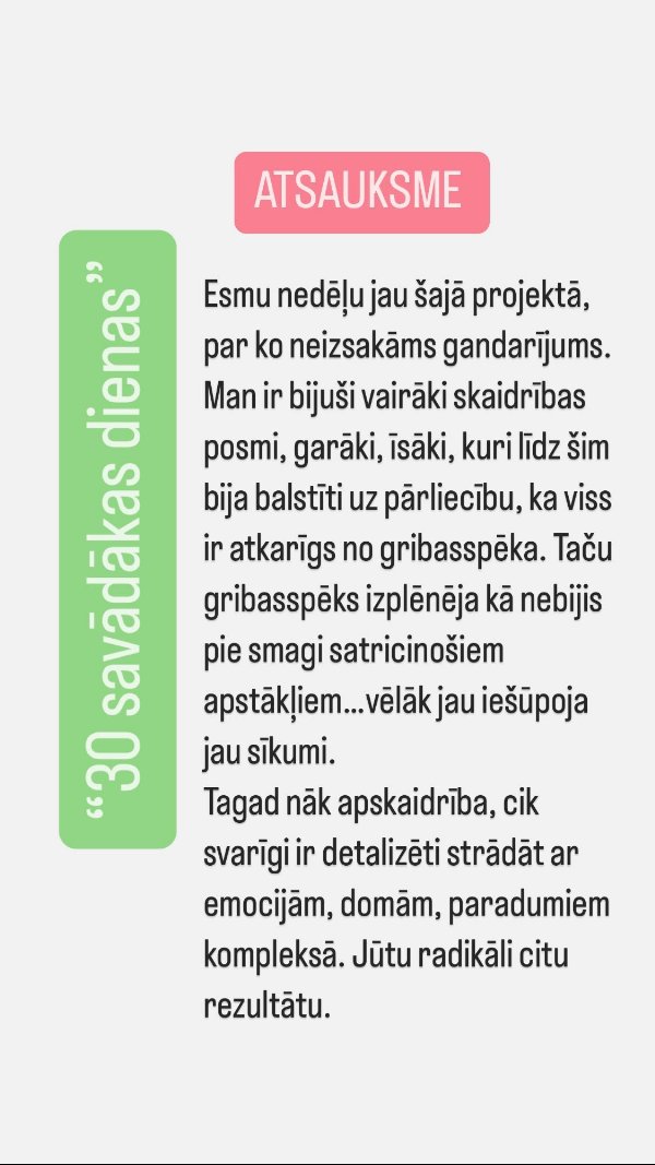 Atsauksme par 30 savādākas dienas: ne tikai gribasspēks, bet darbs ar emocijām un paradumiem