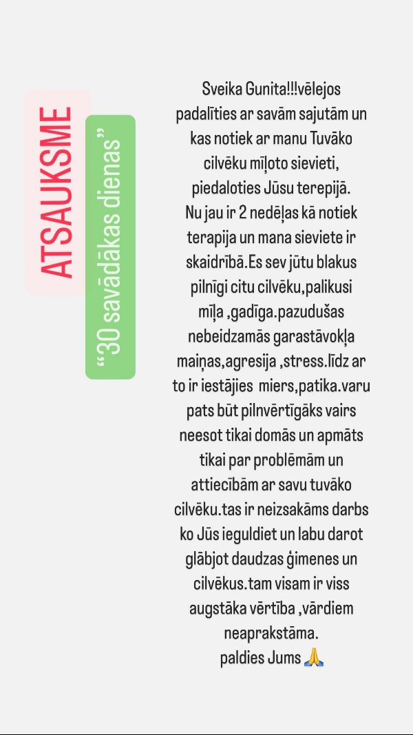 Partnera atsauksme par 30 savādākas dienas: mīļotā sieviete 2 nedēļas skaidrībā