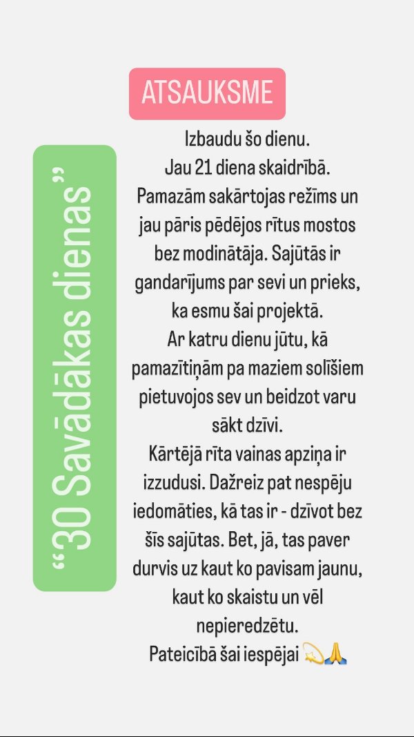 Atsauksme par 30 savādākas dienas: 21. diena skaidrībā, rīta vainas apziņa izzudusi