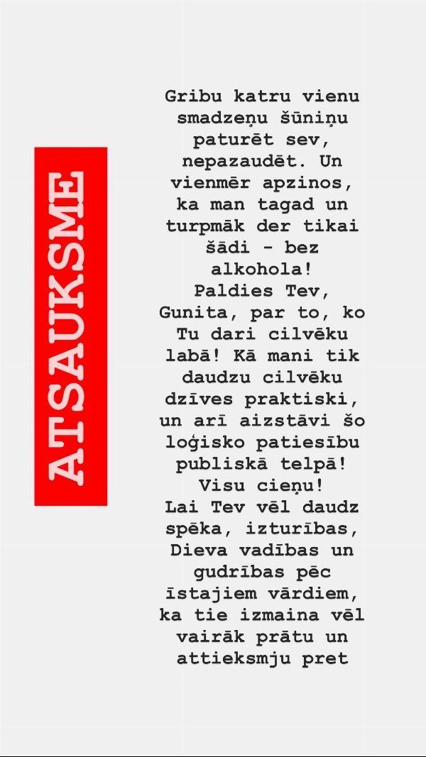 Atsauksme: "man tagad un turpmāk der tikai šādi, bez alkohola"