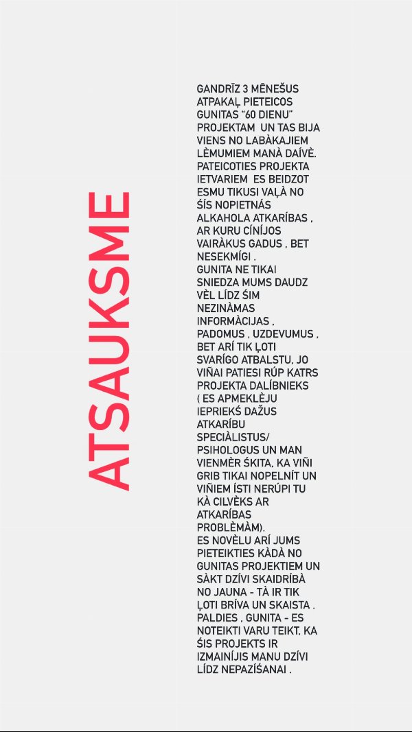 Atsauksme par 60 dienu projektu: "beidzot esmu tikusi vaļā no alkohola atkarības"