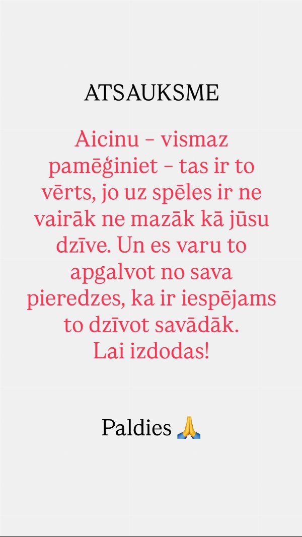 Atsauksme: "Vismaz pamēģiniet, uz spēles ir jūsu dzīve"