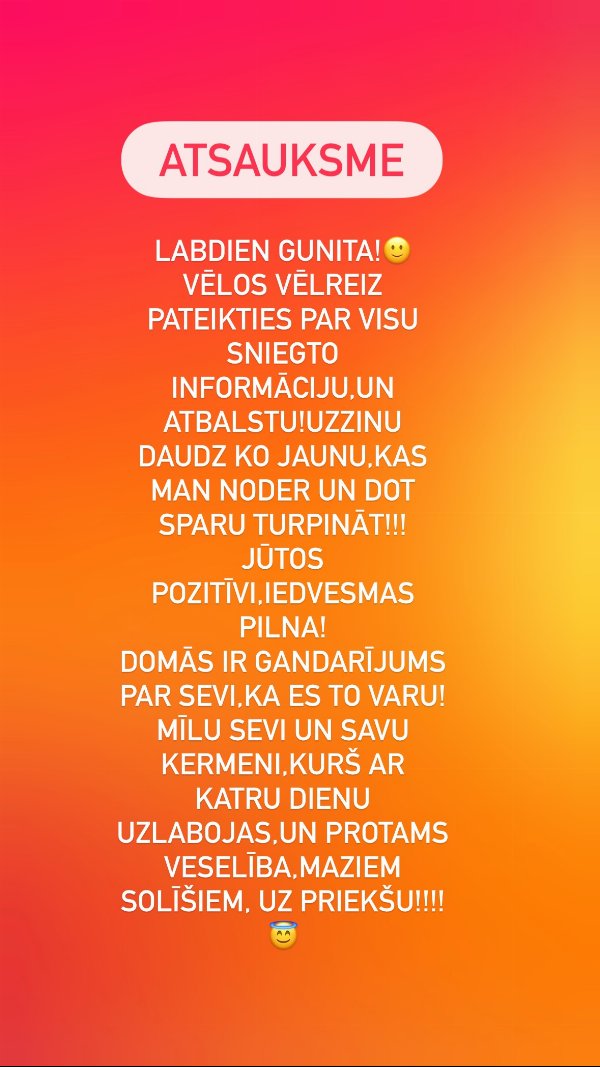 Atsauksme: gandarījums par sevi un veselība, kas uzlabojas ar katru dienu