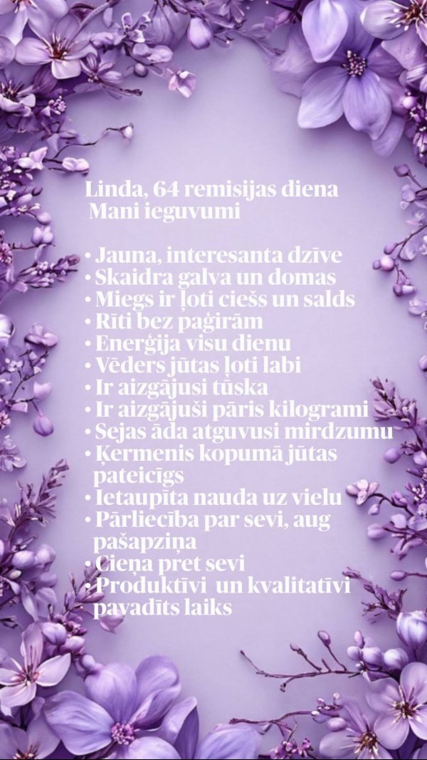 Lindas atsauksme: 64. remisijas diena, rīti bez paģirām un skaidra galva
