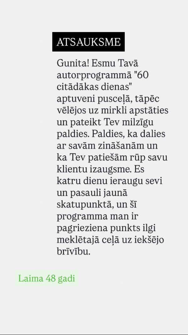 Laimas (48) atsauksme: programma 60 savādākas dienas ir pagrieziena punkts ceļā uz iekšējo brīvību
