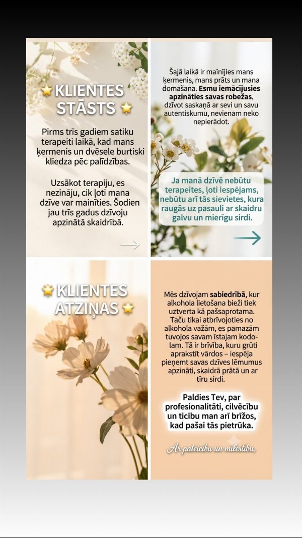 Klientes stāsts: trīs gadi apzinātā skaidrībā pēc terapijas pie Gunitas Gudones